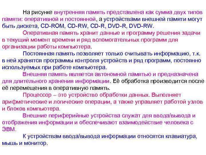 На рисунке внутренняя память представлена как сумма двух типов памяти: оперативной и постоянной, а