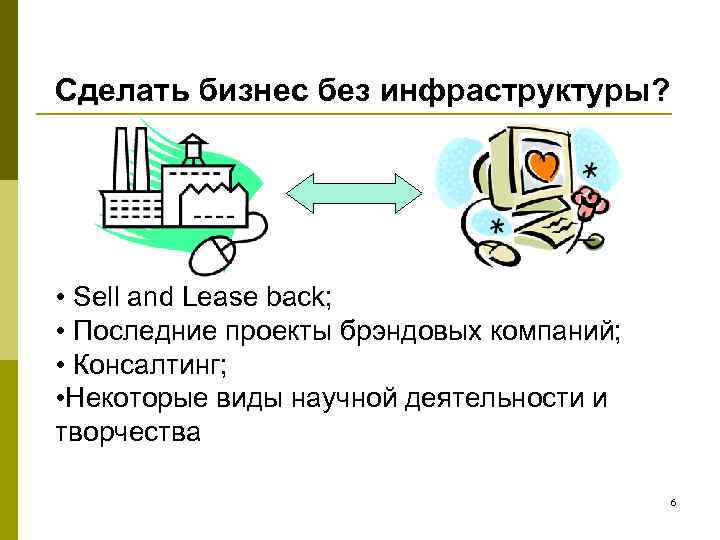Сделать бизнес без инфраструктуры? • Sell and Lease back; • Последние проекты брэндовых компаний;