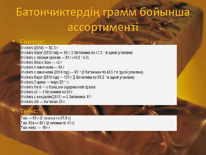 Батончиктердің грамм бойынша ассортименті • Сникерс: • Твикс: 