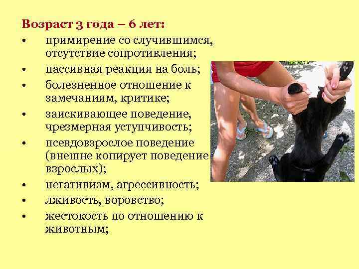 Возраст 3 года – 6 лет: • примирение со случившимся, отсутствие сопротивления; • пассивная