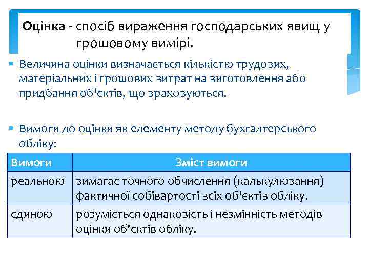 Оцінка спосіб вираження господарських явищ у грошовому вимірі. § Величина оцінки визначається кількістю трудових,