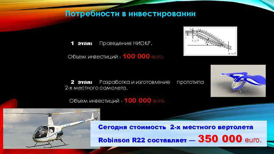 Потребности в инвестировании 1 этап: Проведение НИОКР. Объем инвестиций - 100 000 euro. 2