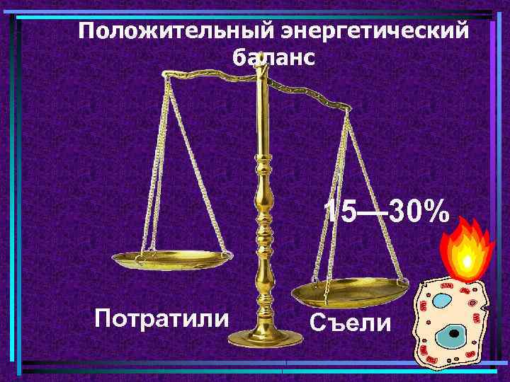 Положительный энергетический баланс 15— 30% Потратили Съели 