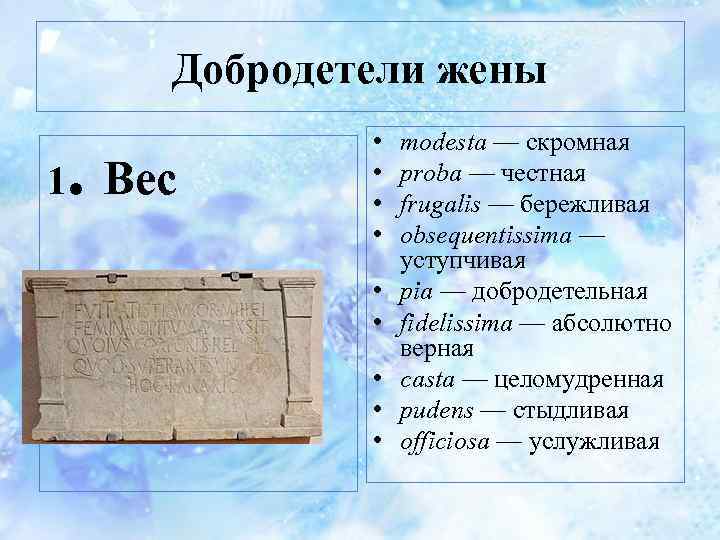 Добродетели жены . Вес 1 • • • modesta — скромная proba — честная