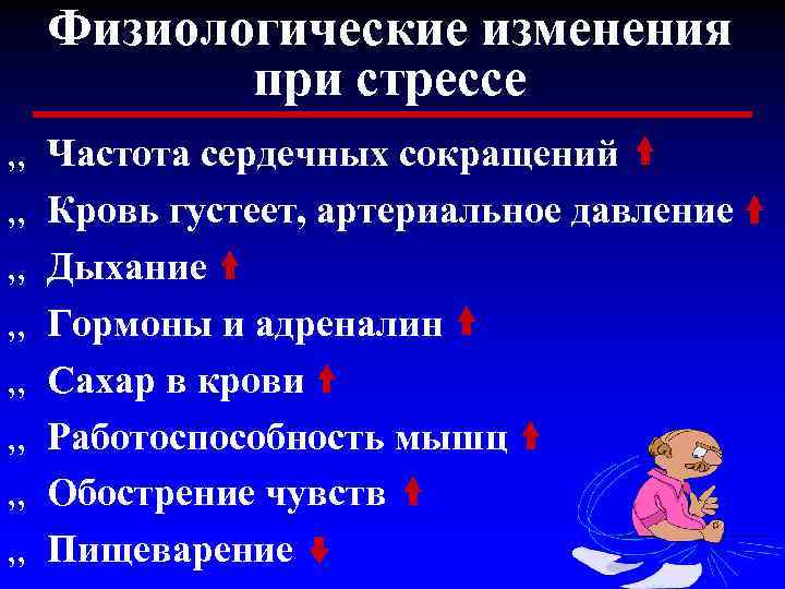 Физиологические изменения при стрессе „ „ „ „ Частота сердечных сокращений Кровь густеет, артериальное