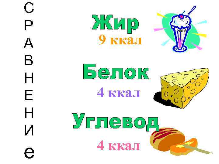 С Р А В Н Е Н И е 9 ккал 4 ккал 