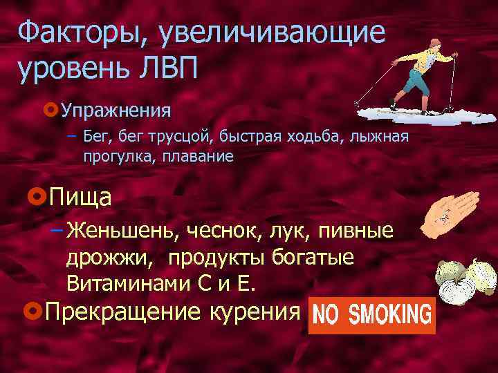 Факторы, увеличивающие уровень ЛВП £ Упражнения – Бег, бег трусцой, быстрая ходьба, лыжная прогулка,