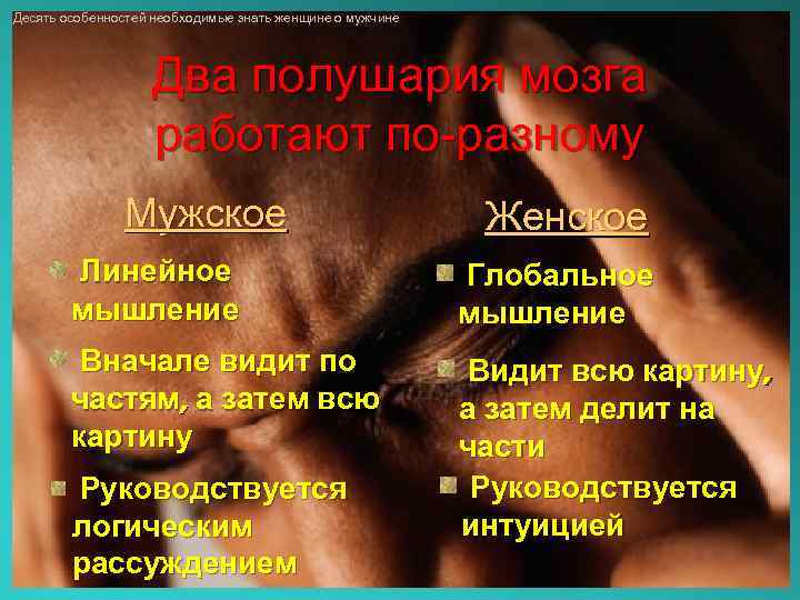Десять особенностей необходимые знать женщине о мужчине Два полушария мозга работают по-разному Мужское Женское