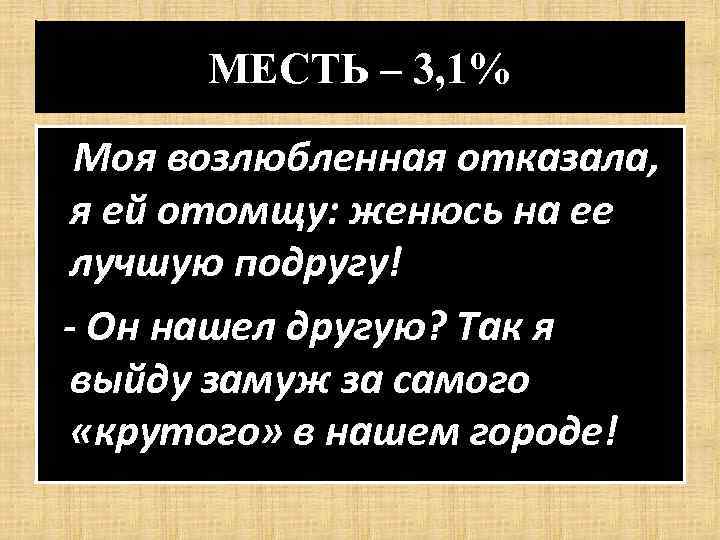 МЕСТЬ – 3, 1% Моя возлюбленная отказала, я ей отомщу: женюсь на ее лучшую