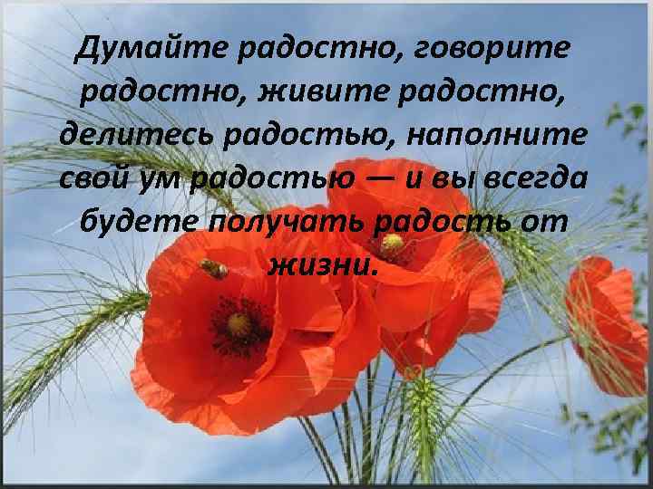 Думайте радостно, говорите радостно, живите радостно, делитесь радостью, наполните свой ум радостью — и