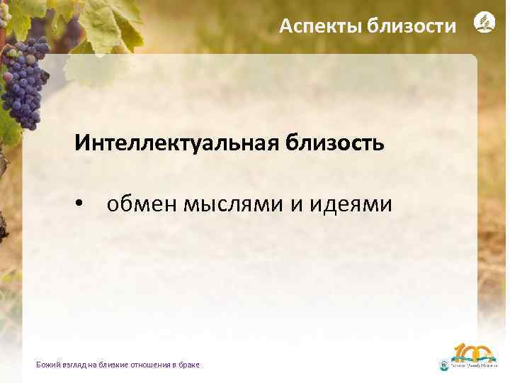 Аспекты близости Интеллектуальная близость • обмен мыслями и идеями Божий взгляд на близкие отношения