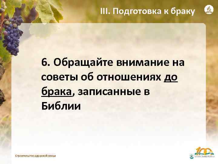 III. Подготовка к браку 6. Обращайте внимание на советы об отношениях до брака, записанные