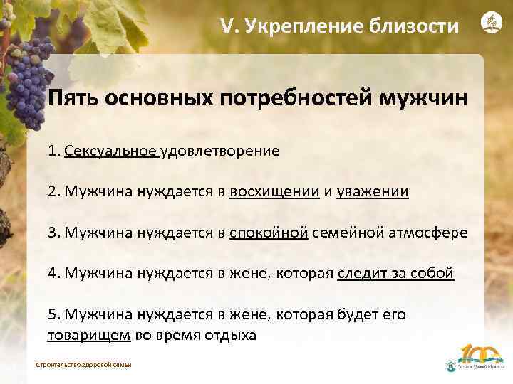 V. Укрепление близости Пять основных потребностей мужчин 1. Сексуальное удовлетворение 2. Мужчина нуждается в