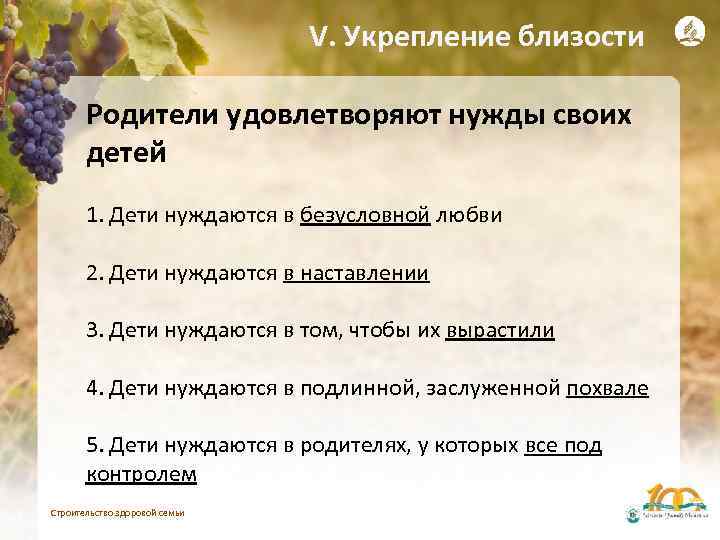 V. Укрепление близости Родители удовлетворяют нужды своих детей 1. Дети нуждаются в безусловной любви