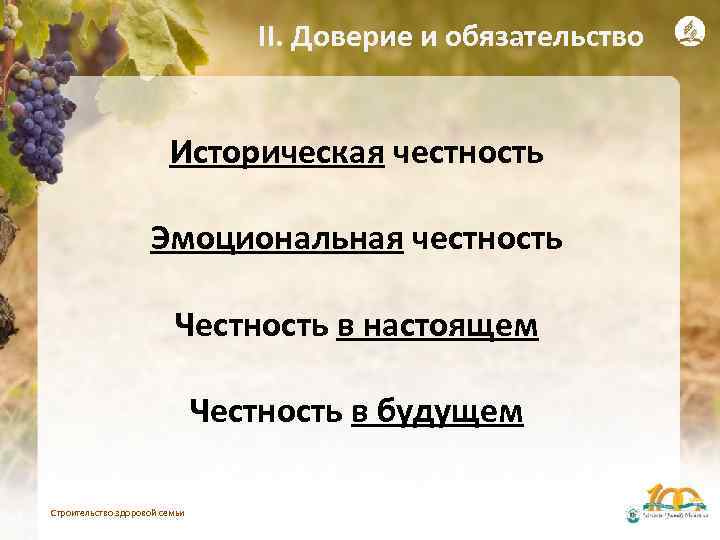 II. Доверие и обязательство Историческая честность Эмоциональная честность Честность в настоящем Честность в будущем