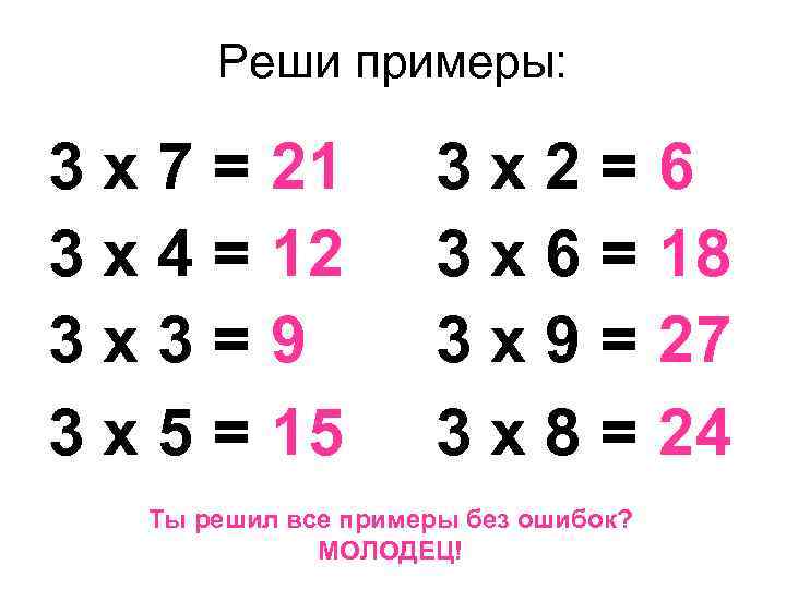 Реши примеры: 3 х7= 3 х4= 3 х3= 3 х5= 21 12 9 15