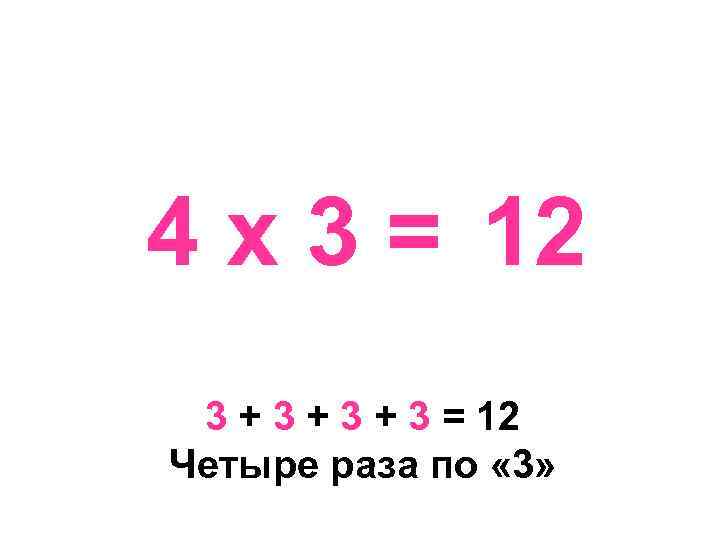 4 х 3 = 12 3 + 3 + 3 = 12 Четыре раза