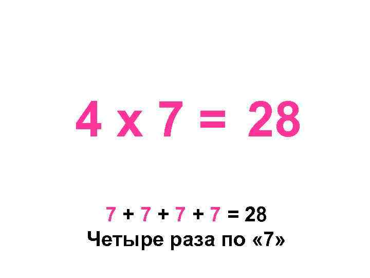 4 х 7 = 28 7 + 7 + 7 = 28 Четыре раза