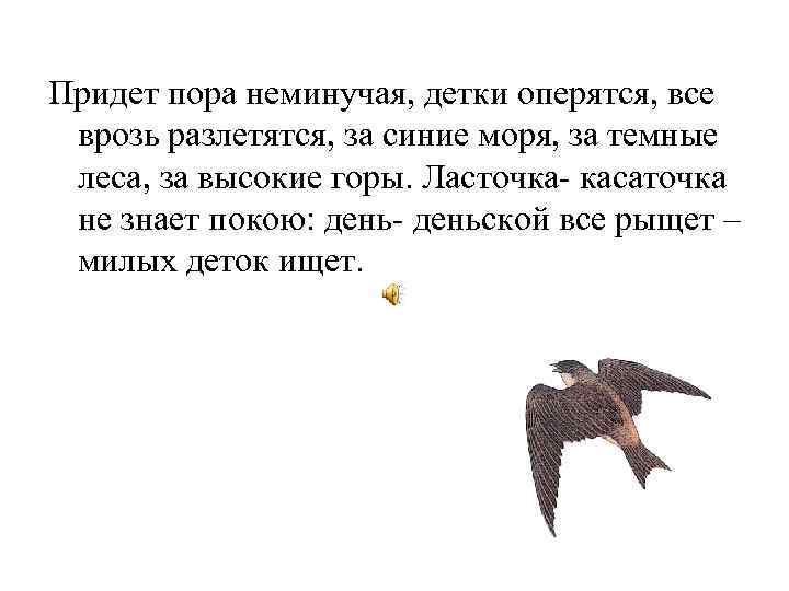 Придет пора неминучая, детки оперятся, все врозь разлетятся, за синие моря, за темные леса,