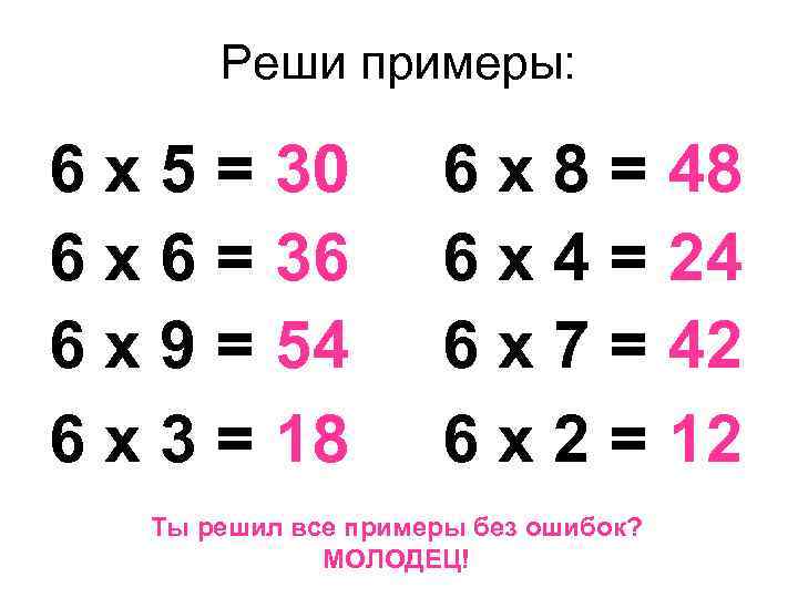 Реши примеры: 6 х5= 6 х6= 6 х9= 6 х3= 30 36 54 18