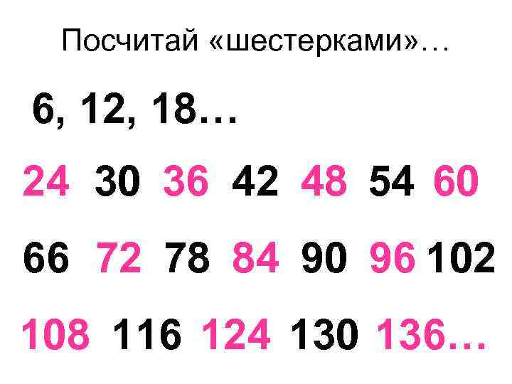 Посчитай «шестерками» … 6, 12, 18… 24 30 36 42 48 54 60 66