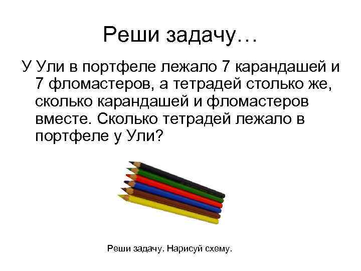 Реши задачу… У Ули в портфеле лежало 7 карандашей и 7 фломастеров, а тетрадей