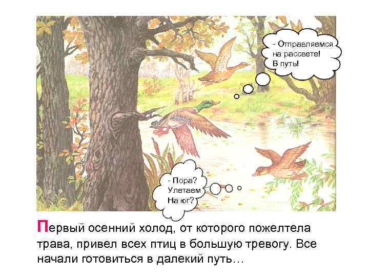 - Отправляемся на рассвете! В путь! - Пора? Улетаем На юг? Первый осенний холод,