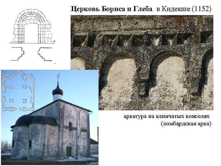 Церковь Бориса и Глеба в Кидекше (1152) аркатура на клинчатых консолях (ломбардская арка) 