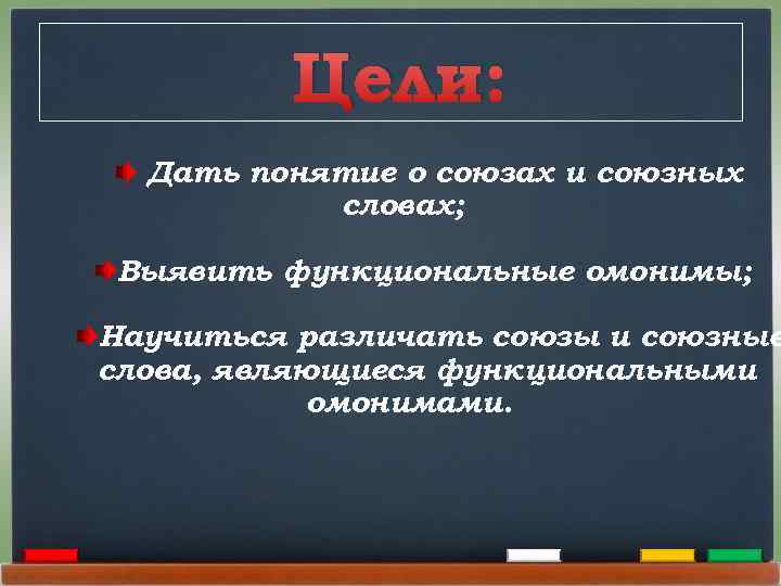 Цели: Дать понятие о союзах и союзных словах; Выявить функциональные омонимы; Научиться различать союзы