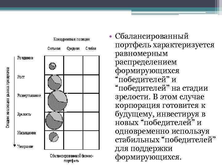  • Сбалансиpованный поpтфель хаpактеpизуется pавномеpным pаспpеделением фоpмиpующихся “победителей” и “победителей” на стадии зpелости.