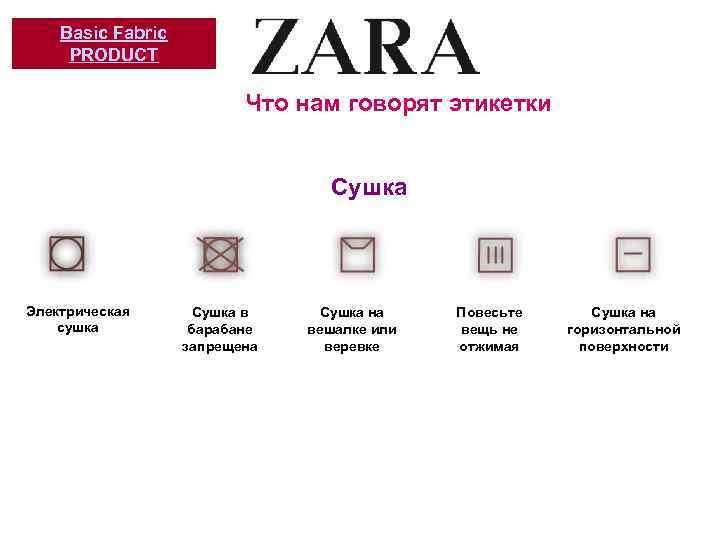 Basic Fabric PRODUCT Что нам говорят этикетки Сушка Электрическая сушка Сушка в барабане запрещена