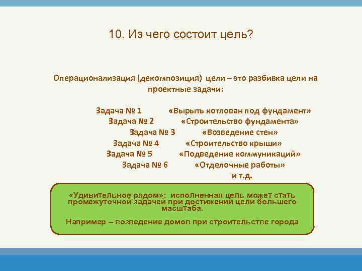10. Из чего состоит цель? Операционализация (декомпозиция) цели – это разбивка цели на проектные