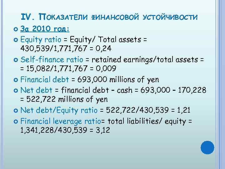 IV. ПОКАЗАТЕЛИ ФИНАНСОВОЙ УСТОЙЧИВОСТИ За 2010 год: Equity ratio = Equity/ Total assets =