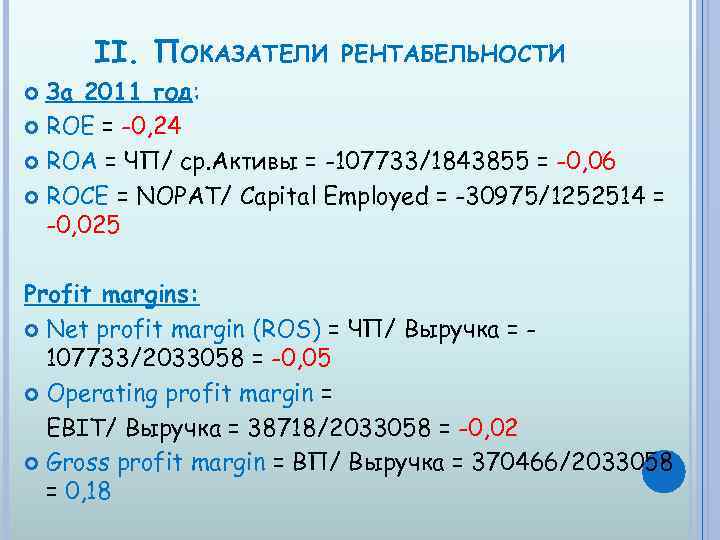 II. ПОКАЗАТЕЛИ РЕНТАБЕЛЬНОСТИ За 2011 год: ROE = -0, 24 ROA = ЧП/ ср.