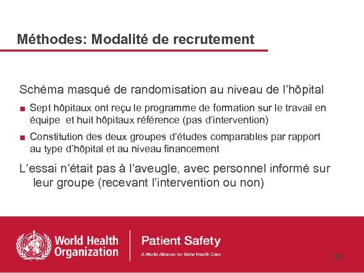 Méthodes: Modalité de recrutement Schéma masqué de randomisation au niveau de l’hôpital ■ Sept