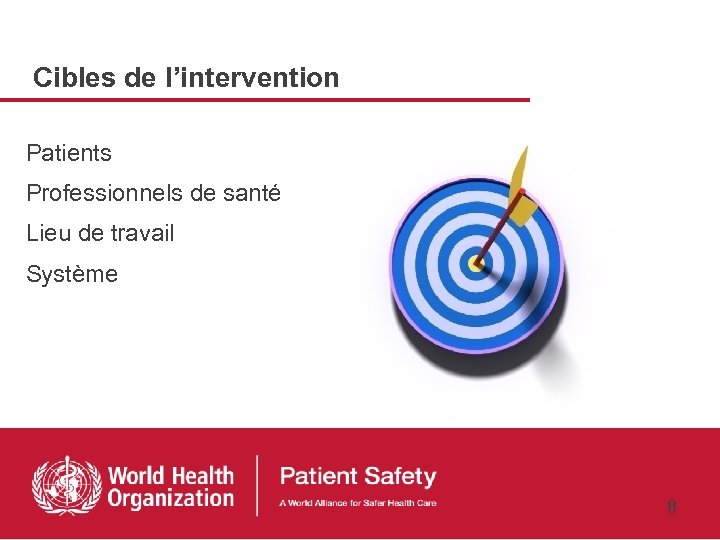Cibles de l’intervention Patients Professionnels de santé Lieu de travail Système 8 