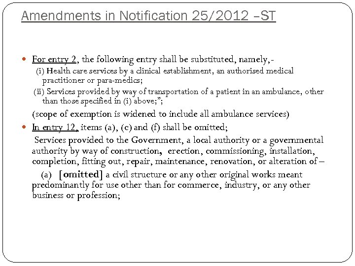 Amendments in Notification 25/2012 –ST For entry 2, the following entry shall be substituted,