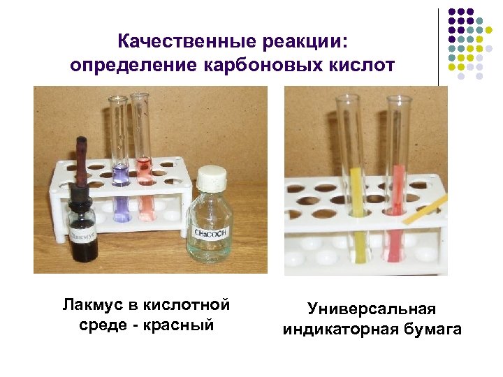 Качественные реакции: определение карбоновых кислот Лакмус в кислотной среде - красный Универсальная индикаторная бумага