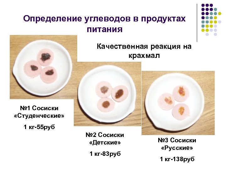 Определение углеводов в продуктах питания Качественная реакция на крахмал № 1 Сосиски «Студенческие» 1