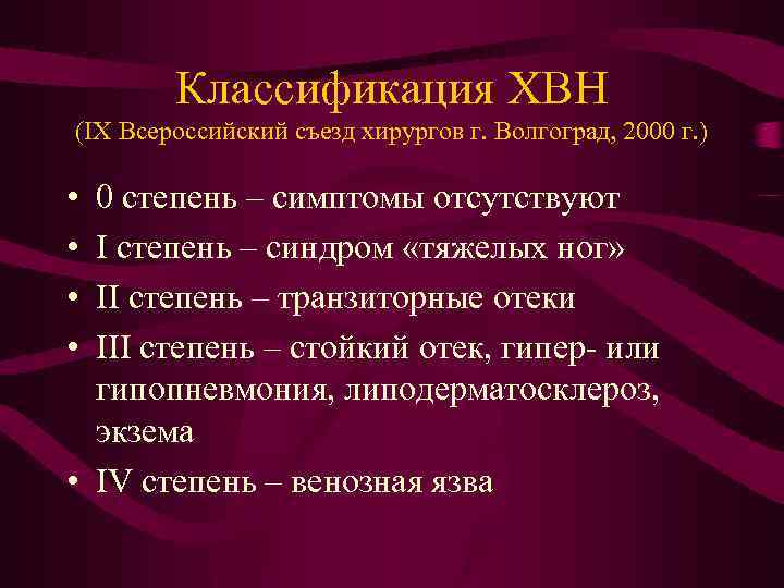 Классификация ХВН (IX Всероссийский съезд хирургов г. Волгоград, 2000 г. ) • • 0