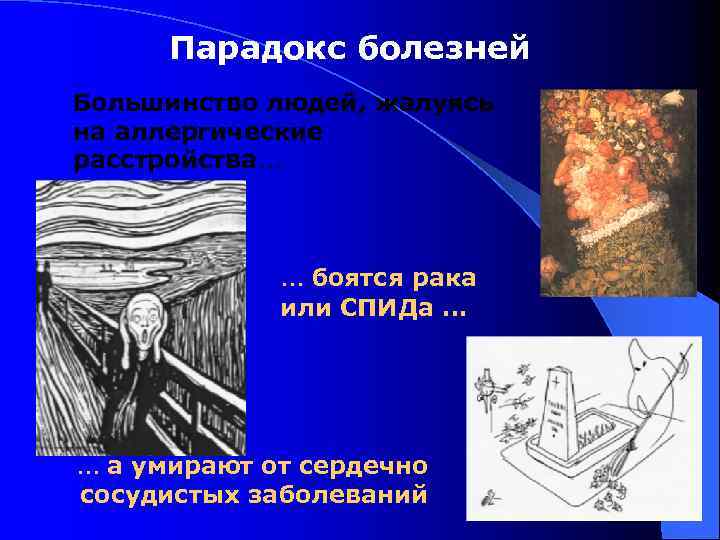 Парадокс болезней Большинство людей, жалуясь на аллергические расстройства… … боятся рака или СПИДа …