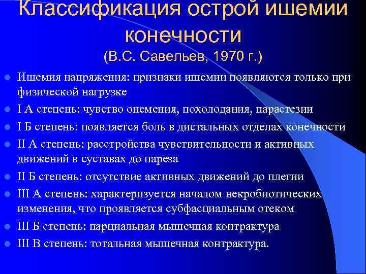 Классификация острой ишемии конечности (В. С. Савельев, 1970 г. ) l l l l
