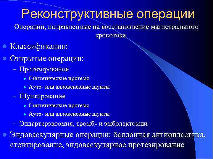 Операции направленные. Реконструктивные операции. Пластические и реконструктивные операции на сосудах. Виды реконструктивных операций. Реконструктивная хирургия коронарных сосудов.