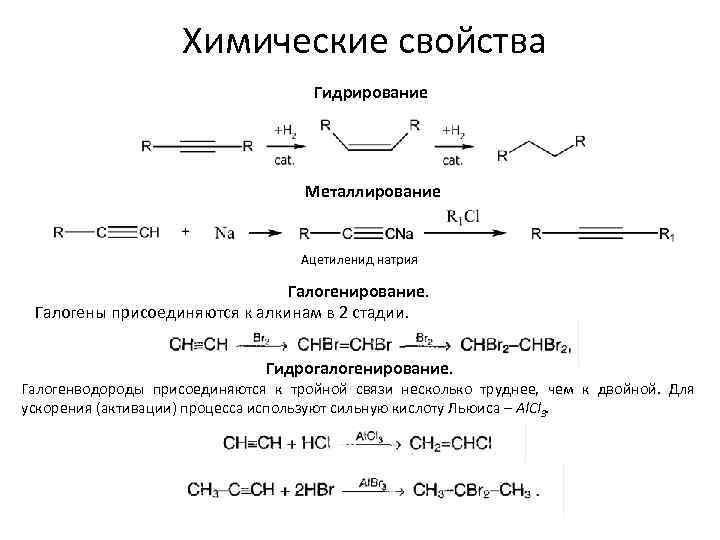 Химические свойства Гидрирование Металлирование Ацетиленид натрия Галогенирование. Галогены присоединяются к алкинам в 2 стадии.