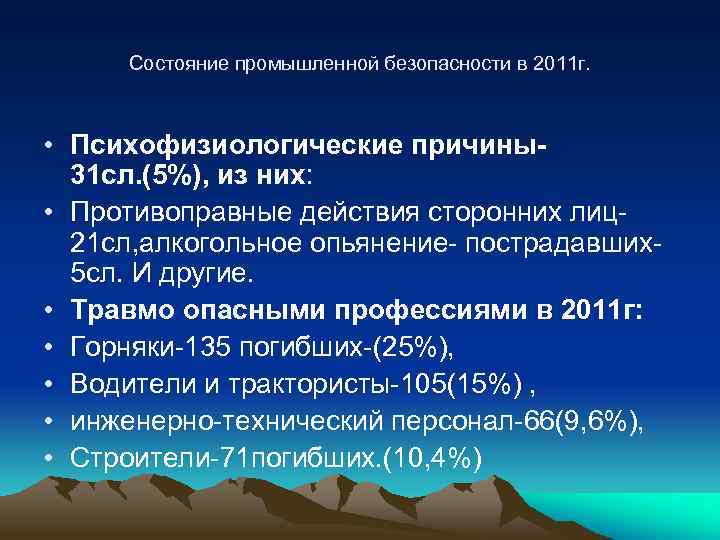 Состояние промышленной безопасности в 2011 г. • Психофизиологические причины31 сл. (5%), из них: •