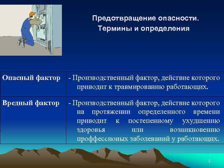 Предотвращение опасности. Термины и определения Опасный фактор - Производственный фактор, действие которого приводит к