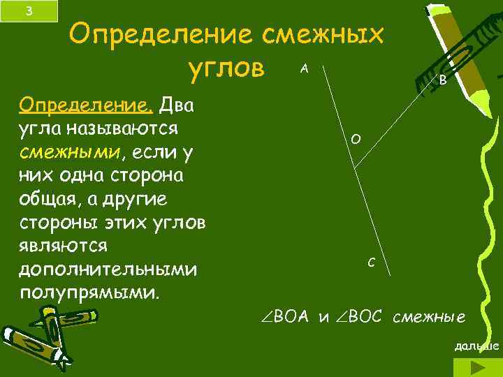 Определение смежных углов А Определение. Два угла называются смежными, если у них одна сторона