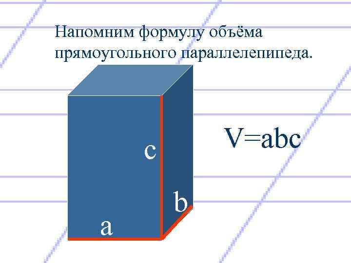 Напомним формулу объёма прямоугольного параллелепипеда. V=abc с а b 