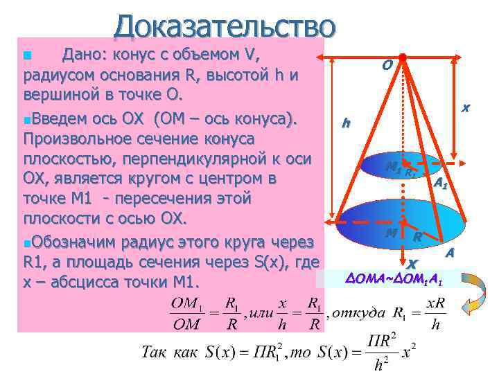 Дано конус. Объем конуса доказательство. Объем конуса доказательство теоремы. Конус основание и высоту радиус ось. Радиус в точке конуса.