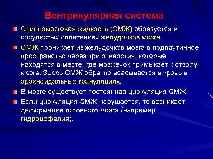 Вентрикулярная система Спинномозговая жидкость (СМЖ) образуется в сосудистых сплетениях желудочков мозга. СМЖ проникает из